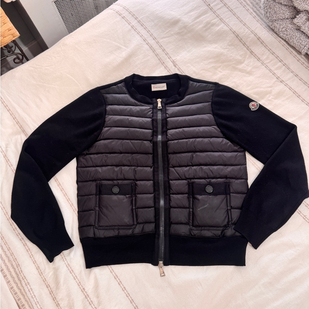Moncler Black Quilted Jacket with Knit Sleeves